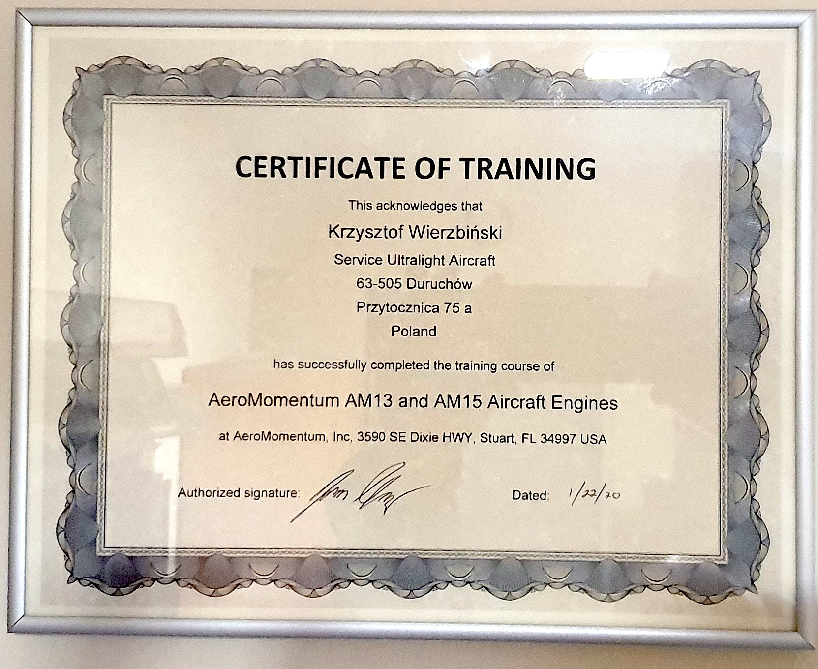 Aeromomentum aircraft engines certyficate Krzysztof Wierzbiński, Poland